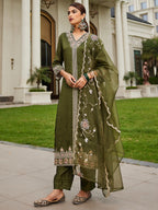 Indo Era Green Embroidered Straight Kurta Trousers With Dupatta Set - Distacart