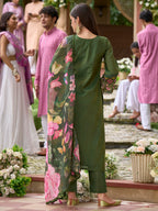 Indo Era Green Embroidered Straight Kurta Trousers With Dupatta Set - Distacart