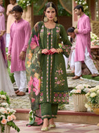 Indo Era Green Embroidered Straight Kurta Trousers With Dupatta Set - Distacart
