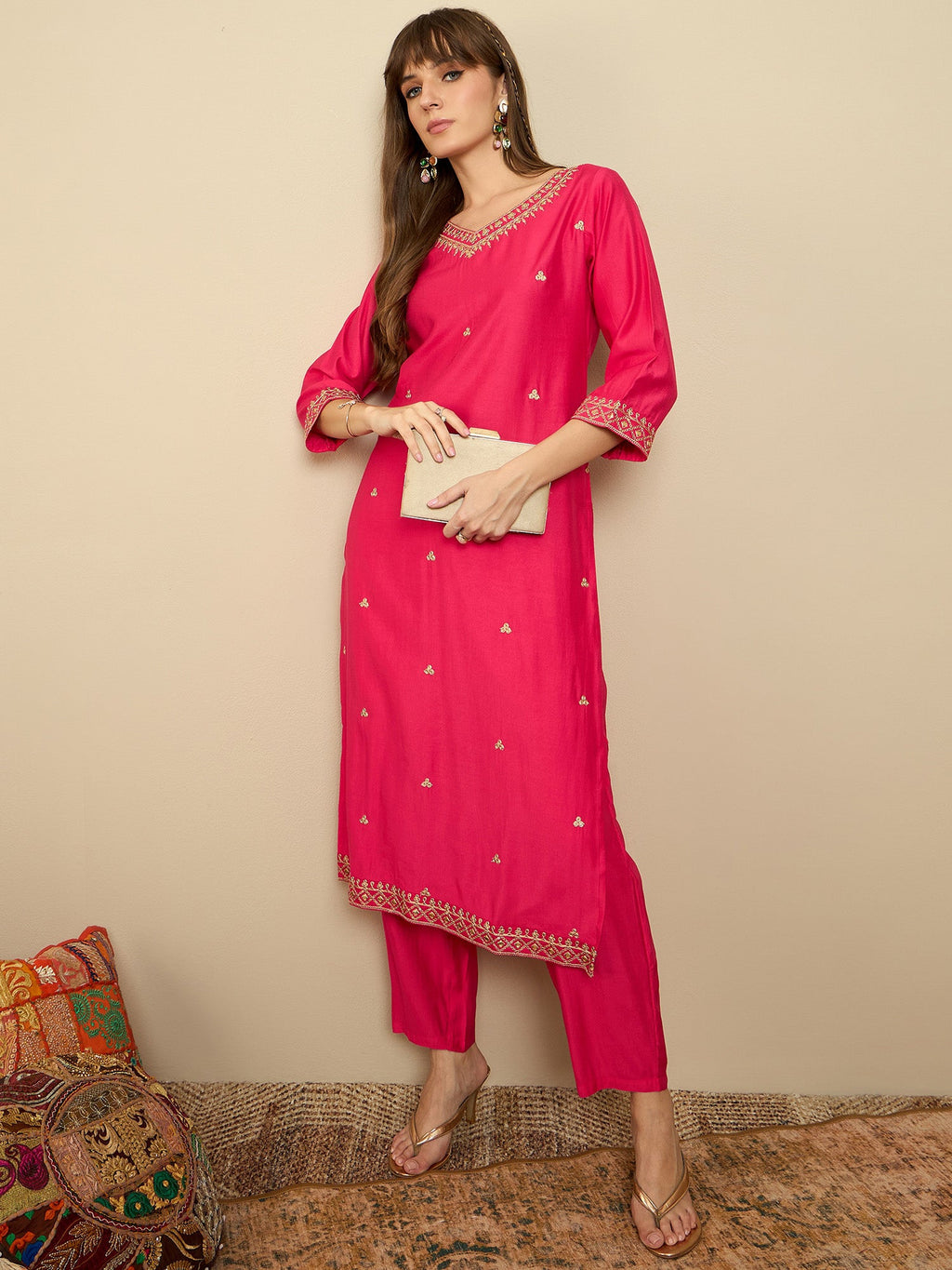 Indo Era Pink Embroidered Straight Kurta Trousers set - Distacart