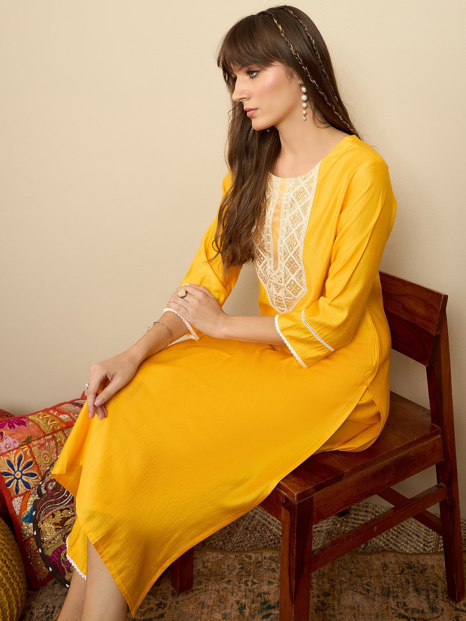 Indo Era Yellow Embroidered Straight Kurta Trousers Set - Distacart