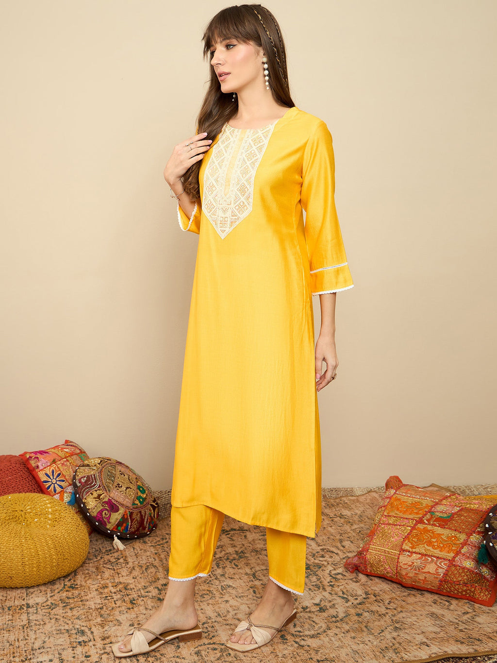 Indo Era Yellow Embroidered Straight Kurta Trousers Set - Distacart