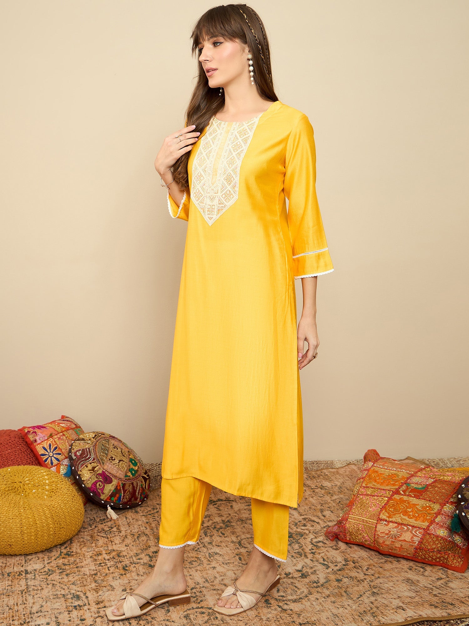Indo Era Yellow Embroidered Straight Kurta Trousers Set - Distacart