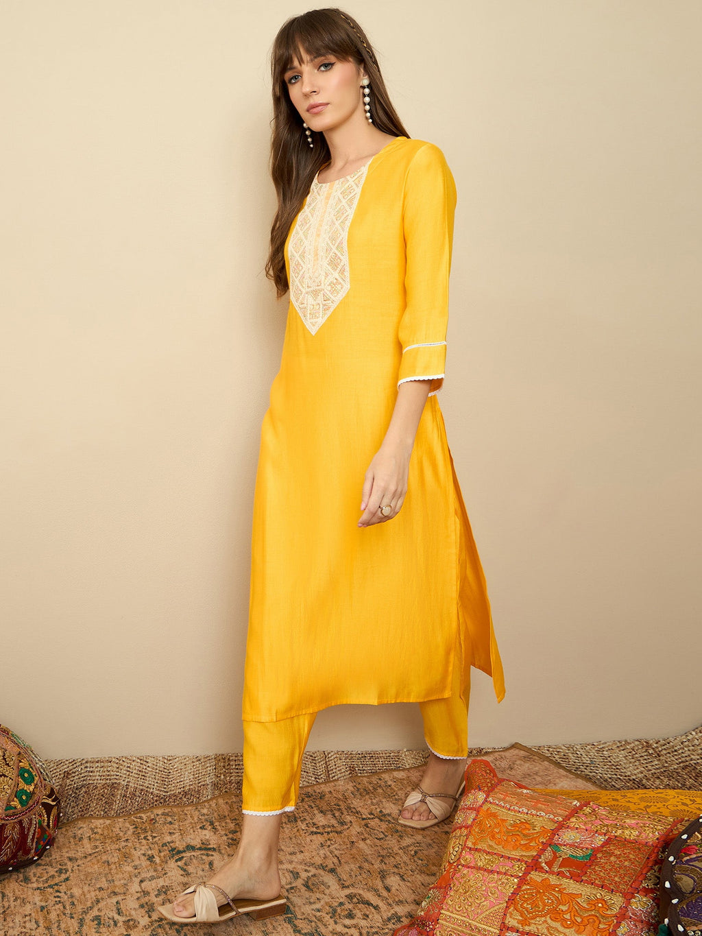 Indo Era Yellow Embroidered Straight Kurta Trousers Set - Distacart
