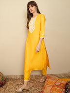 Indo Era Yellow Embroidered Straight Kurta Trousers Set - Distacart