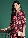 Indo Era Burgundy Printed A-Line Kurta Trousers Set - Distacart
