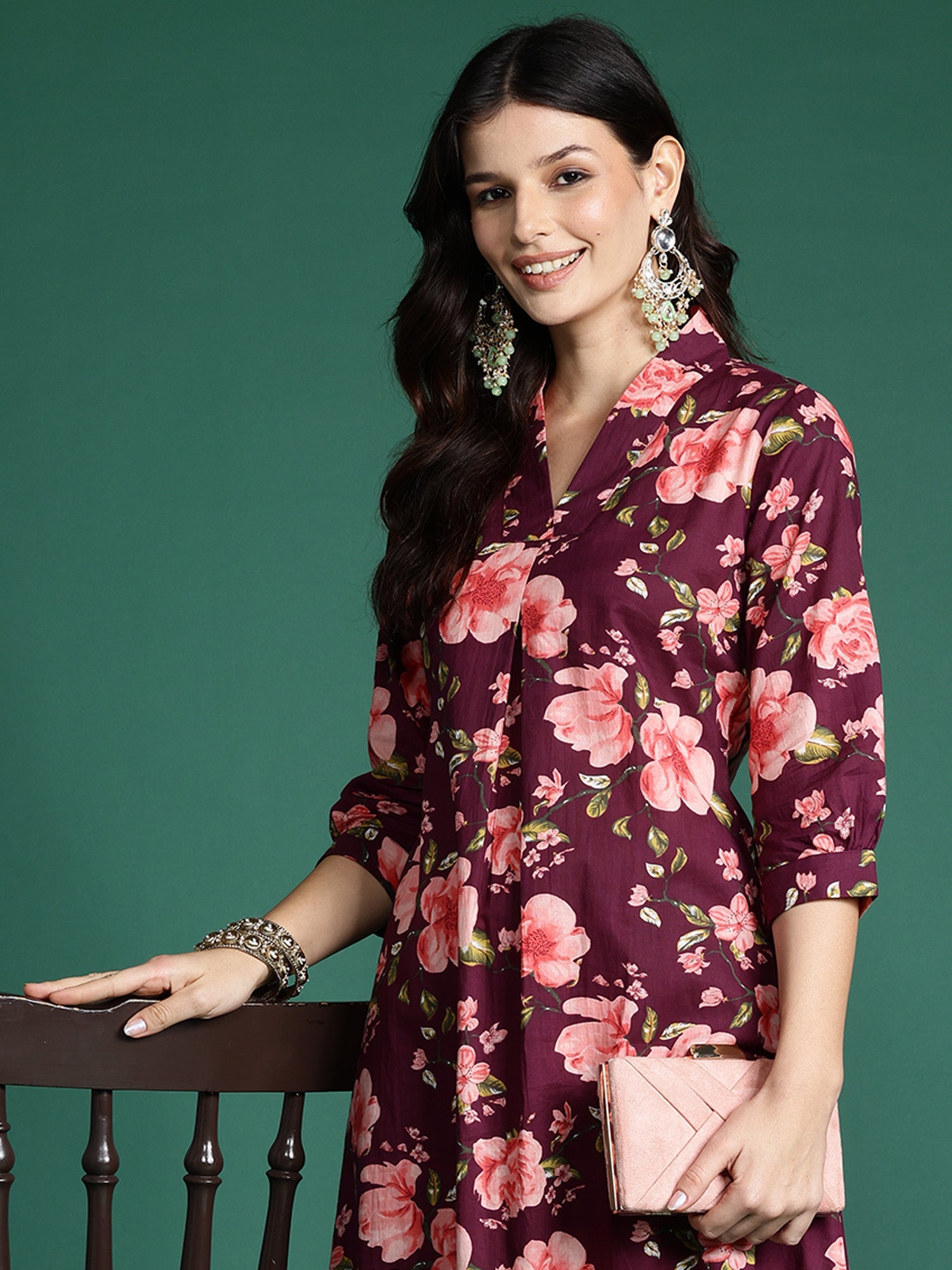 Indo Era Burgundy Printed A-Line Kurta Trousers Set - Distacart