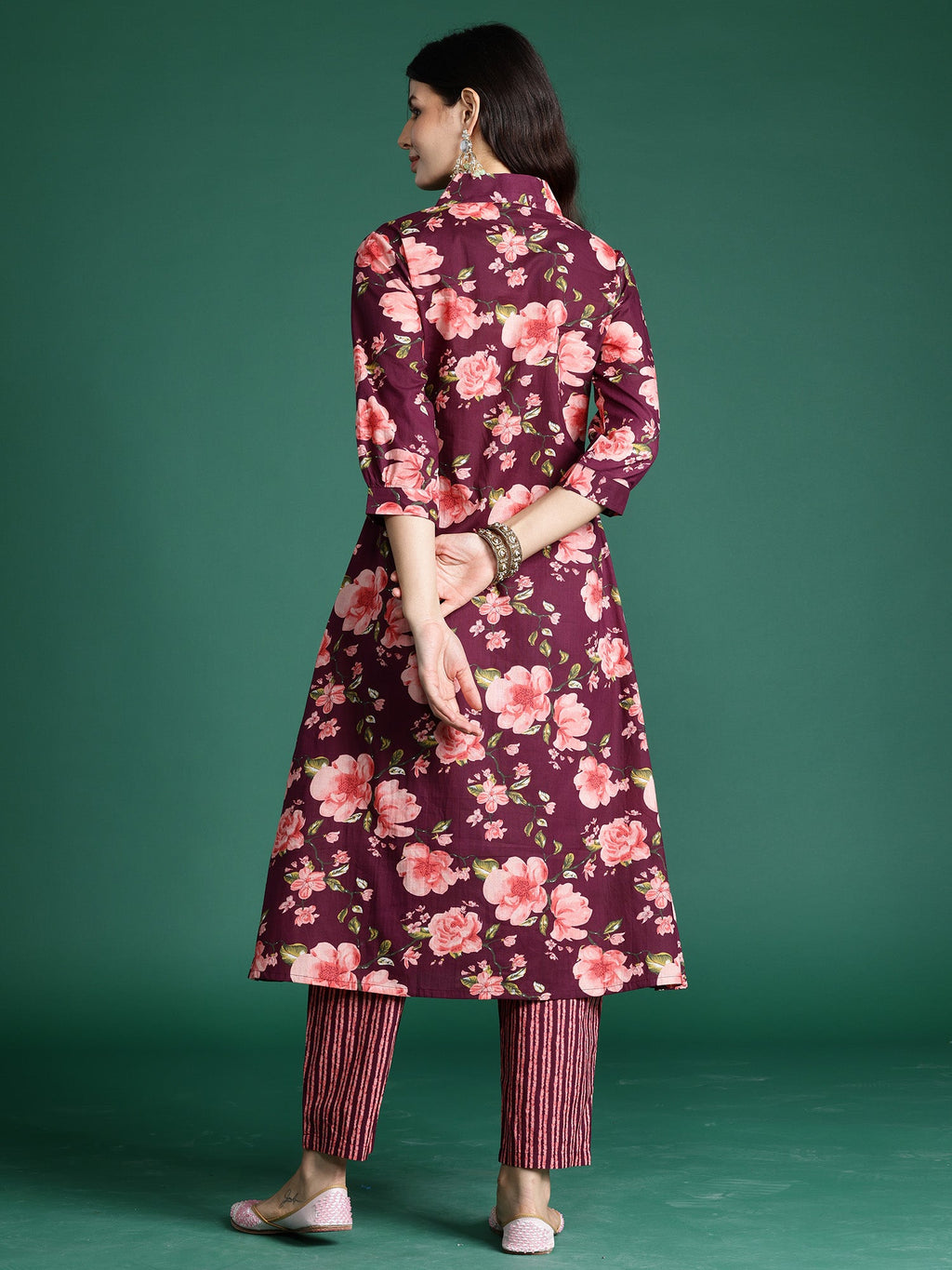 Indo Era Burgundy Printed A-Line Kurta Trousers Set - Distacart