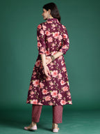 Indo Era Burgundy Printed A-Line Kurta Trousers Set - Distacart