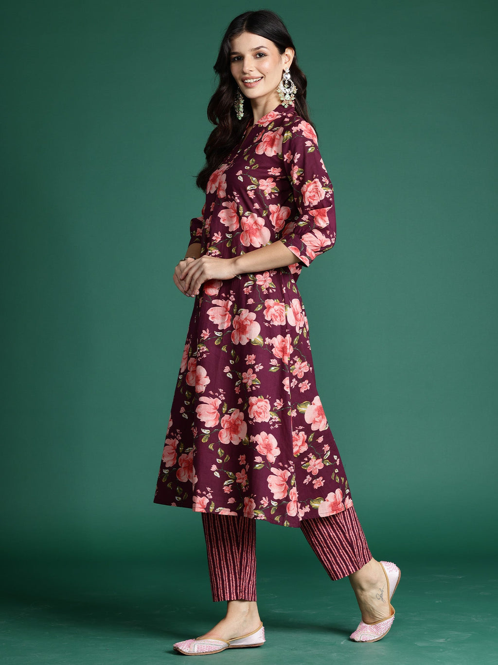 Indo Era Burgundy Printed A-Line Kurta Trousers Set - Distacart
