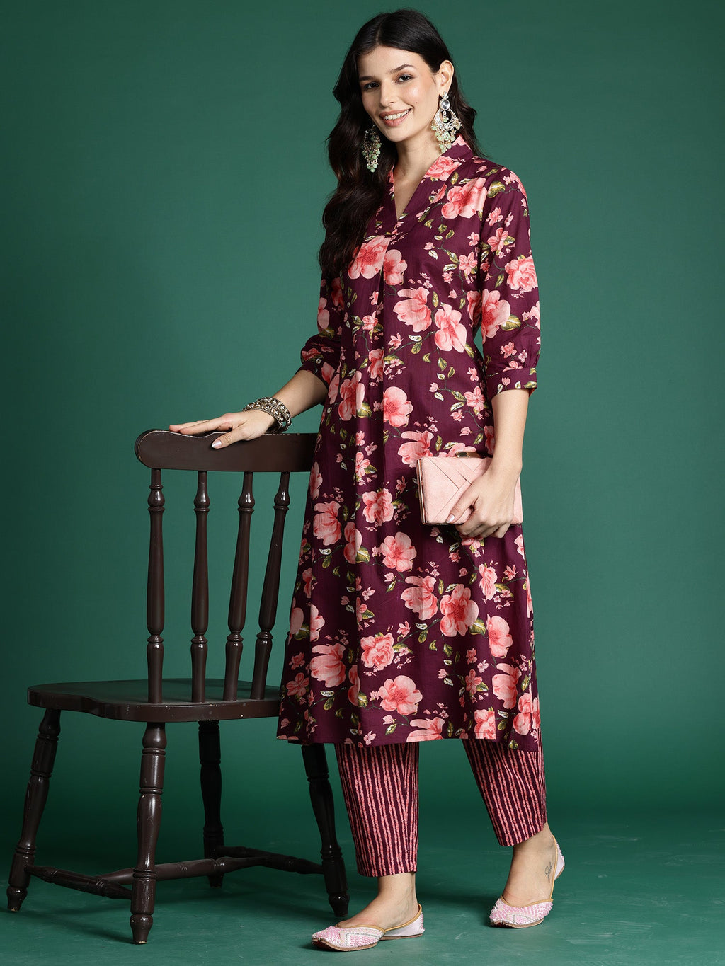 Indo Era Burgundy Printed A-Line Kurta Trousers Set - Distacart