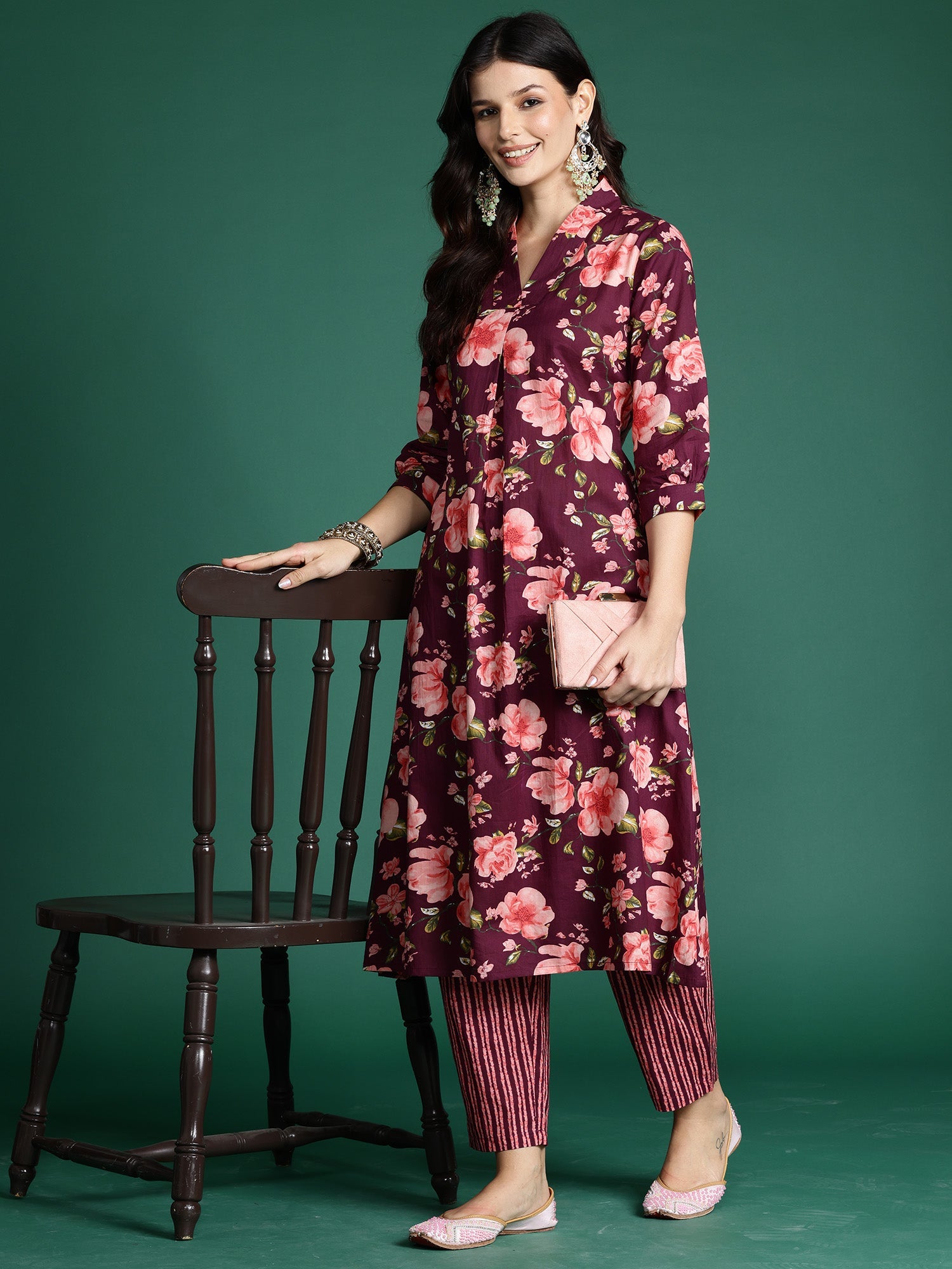 Indo Era Burgundy Printed A-Line Kurta Trousers Set - Distacart