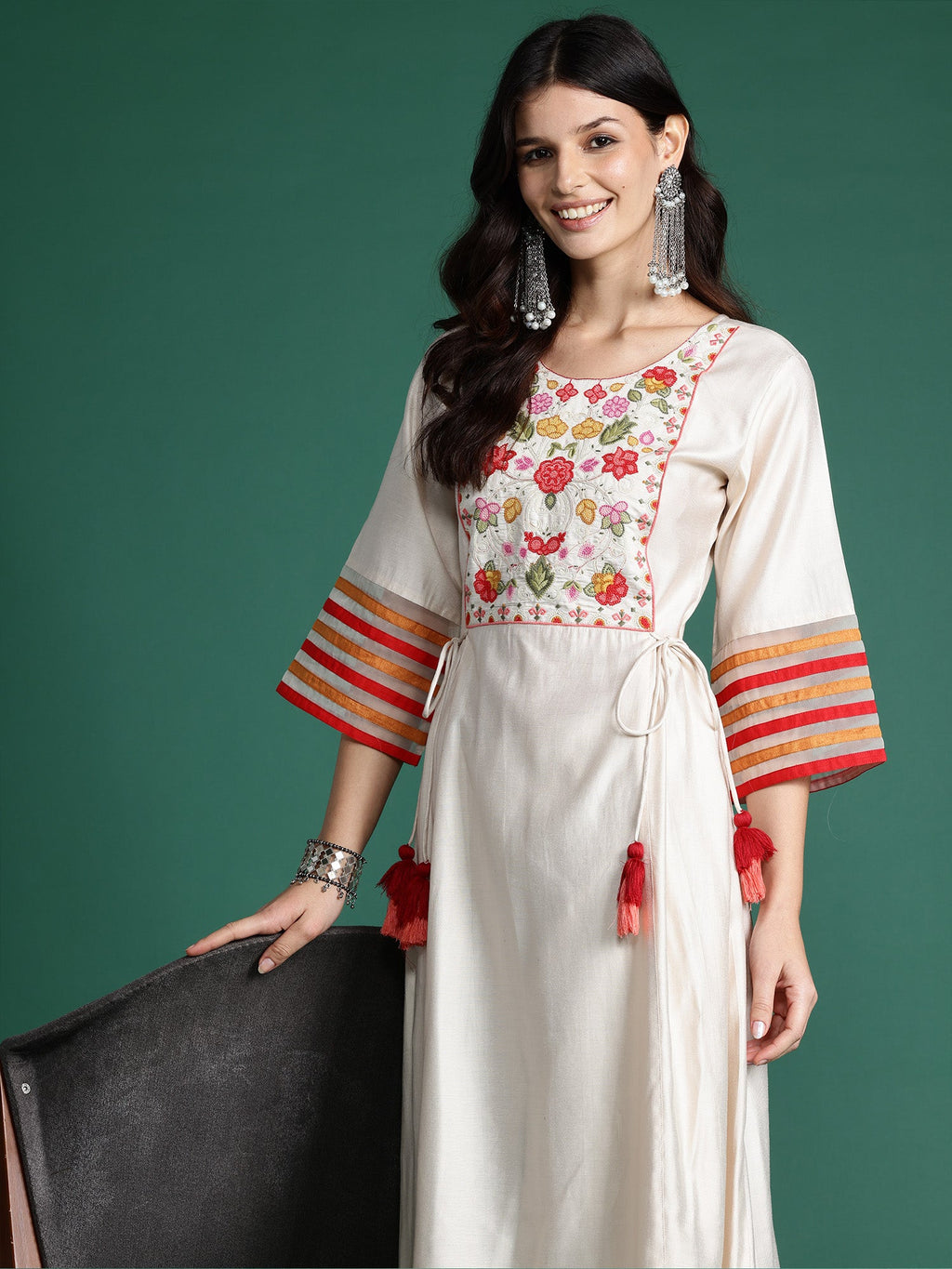Indo Era Off White Embroidered A-Line Kurta Trousers set - Distacart
