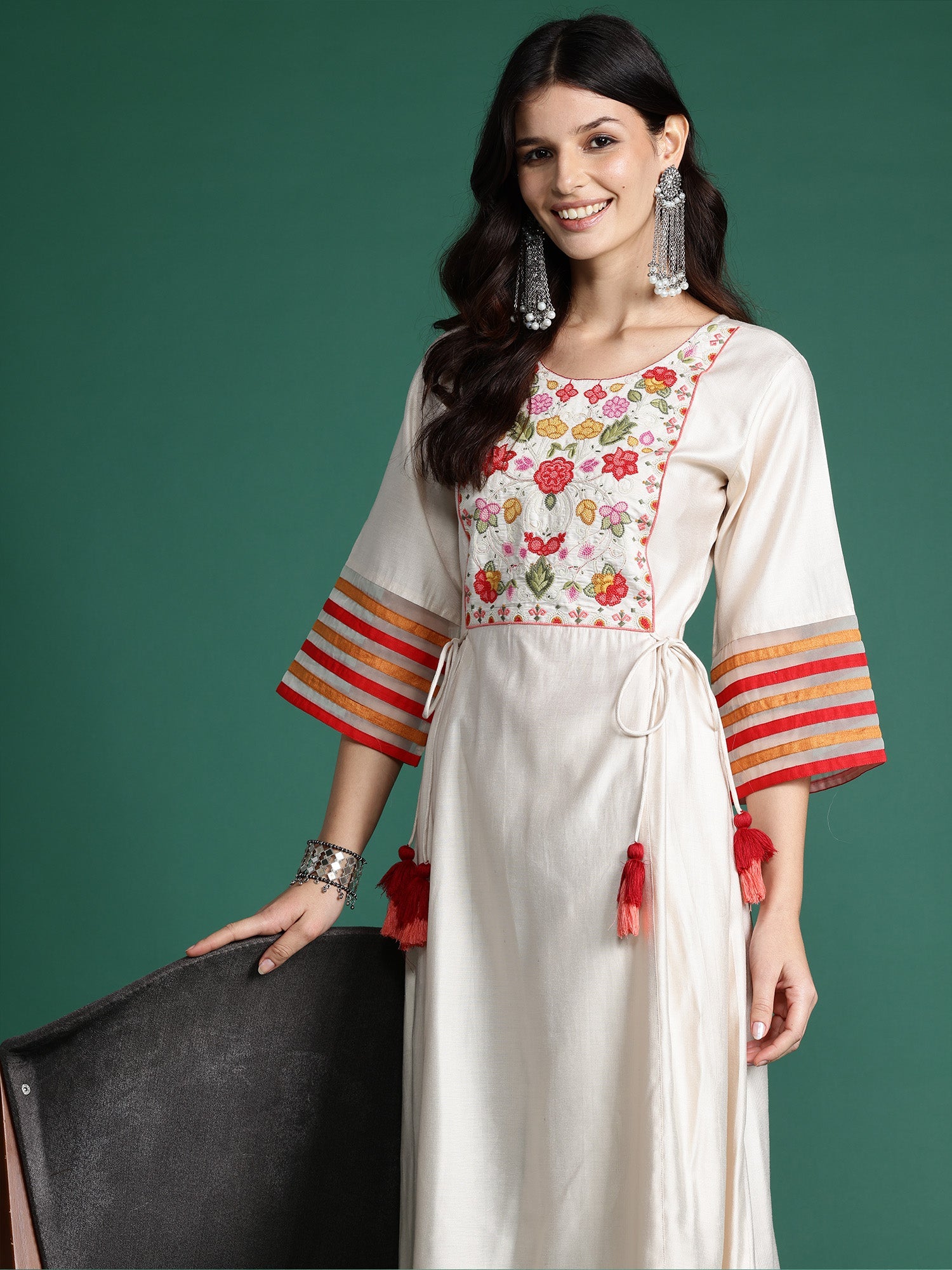 Indo Era Off White Embroidered A-Line Kurta Trousers set - Distacart