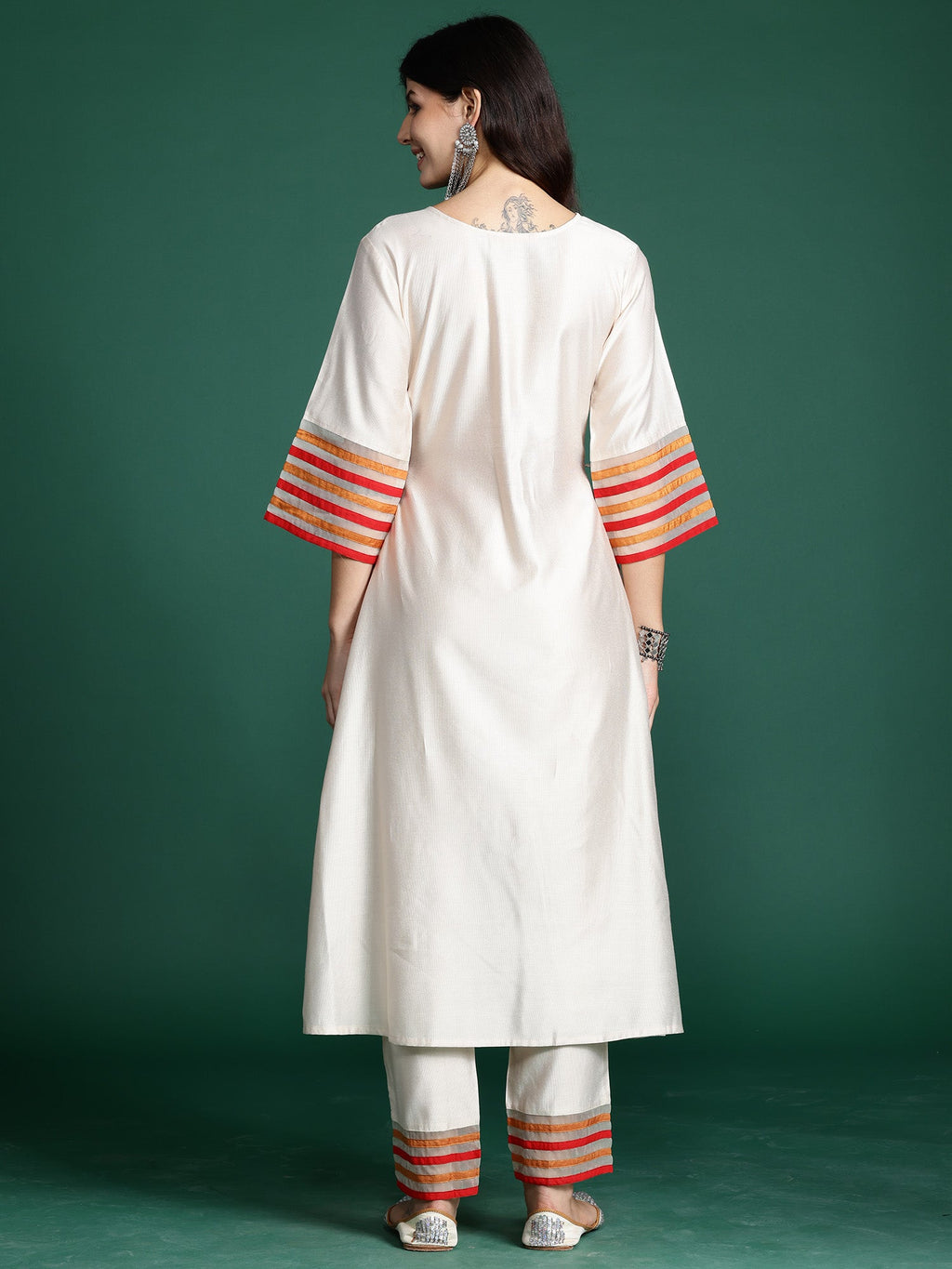 Indo Era Off White Embroidered A-Line Kurta Trousers set - Distacart