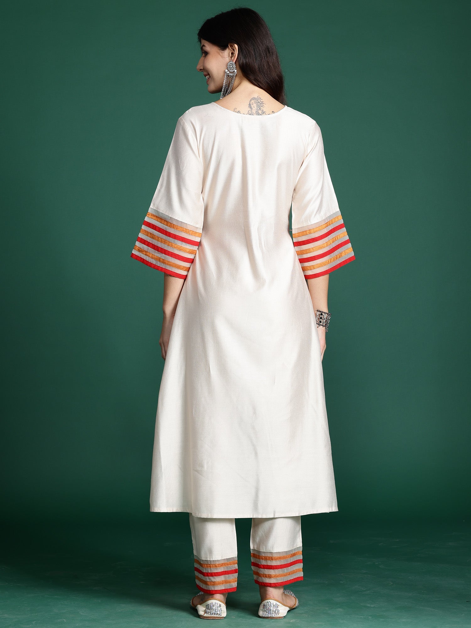 Indo Era Off White Embroidered A-Line Kurta Trousers set - Distacart