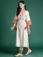Indo Era Off White Embroidered A-Line Kurta Trousers set - Distacart