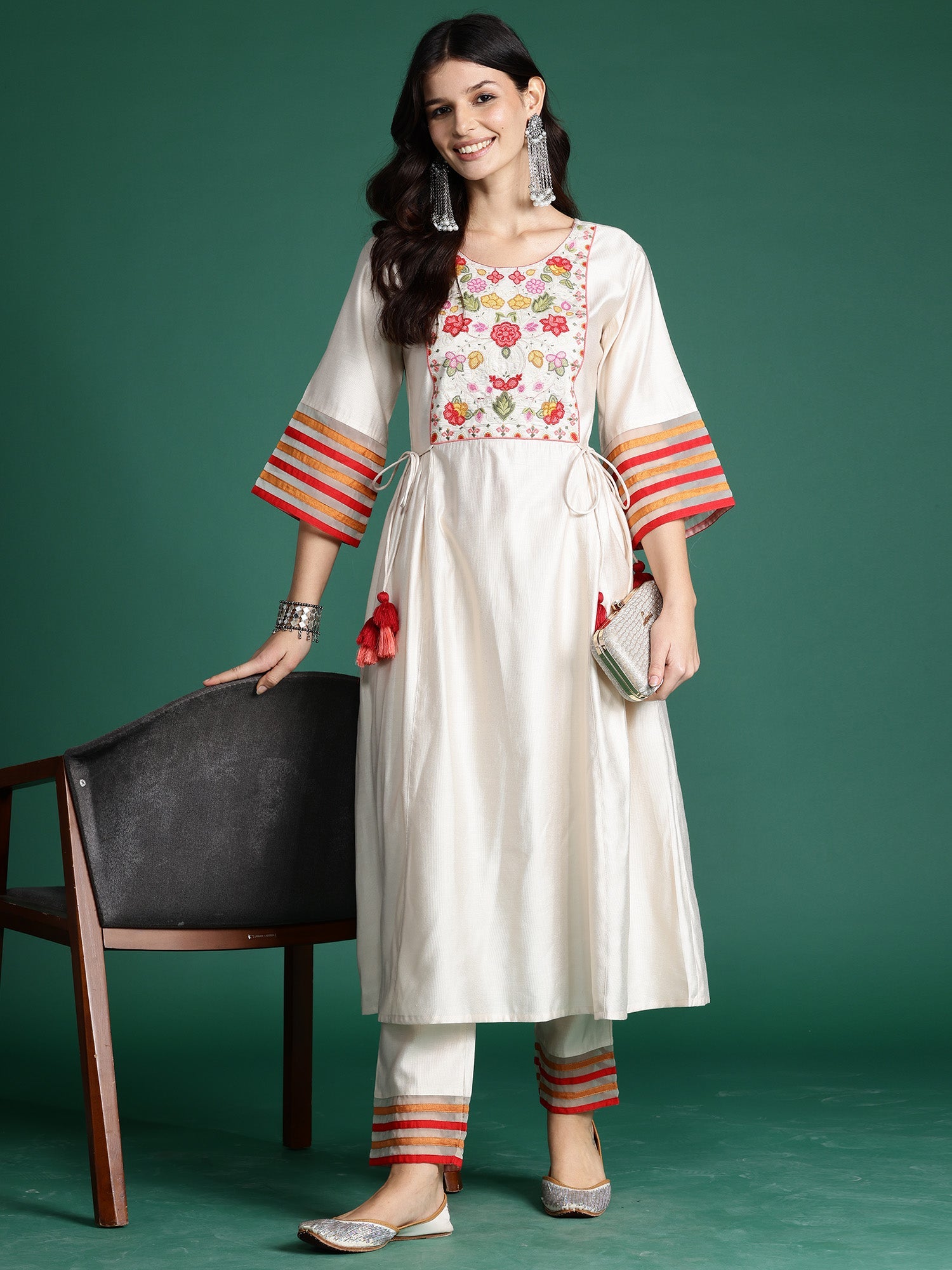 Indo Era Off White Embroidered A-Line Kurta Trousers set - Distacart