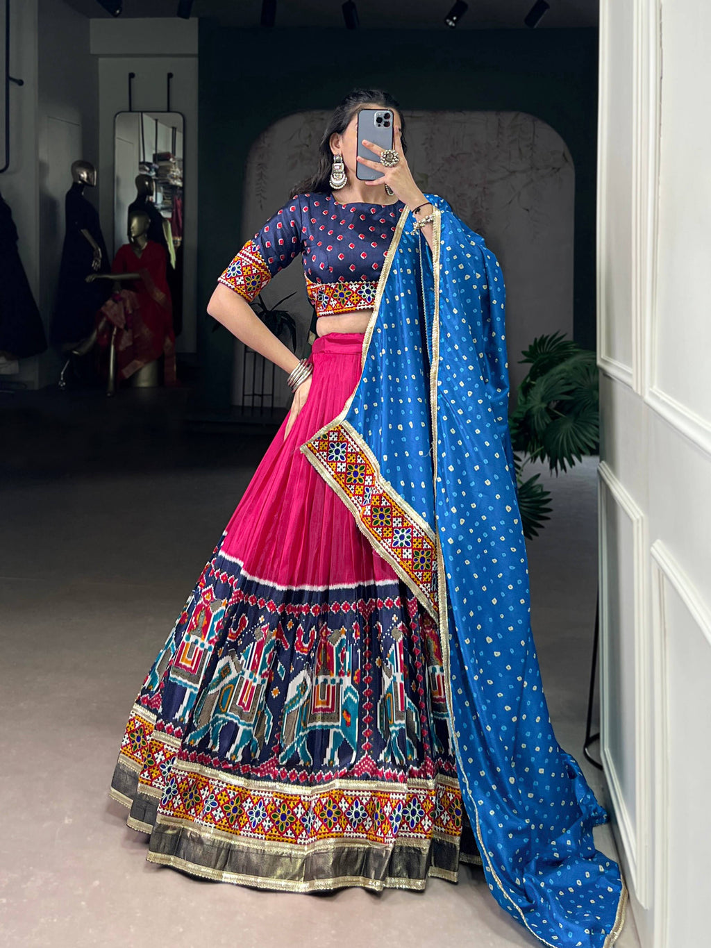 Lorenvalley Fashion Pink Tasar Silk Print with Foil Work and Real Mirror Gamthi Work with Lace Touch Up Lehenga Choli with Dupatta