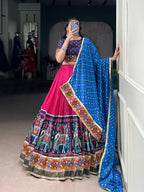 Lorenvalley Fashion Pink Tasar Silk Print with Foil Work and Real Mirror Gamthi Work with Lace Touch Up Lehenga Choli with Dupatta