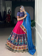 Lorenvalley Fashion Pink Tasar Silk Print with Foil Work and Real Mirror Gamthi Work with Lace Touch Up Lehenga Choli with Dupatta