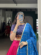 Lorenvalley Fashion Pink Tasar Silk Print with Foil Work and Real Mirror Gamthi Work with Lace Touch Up Lehenga Choli with Dupatta