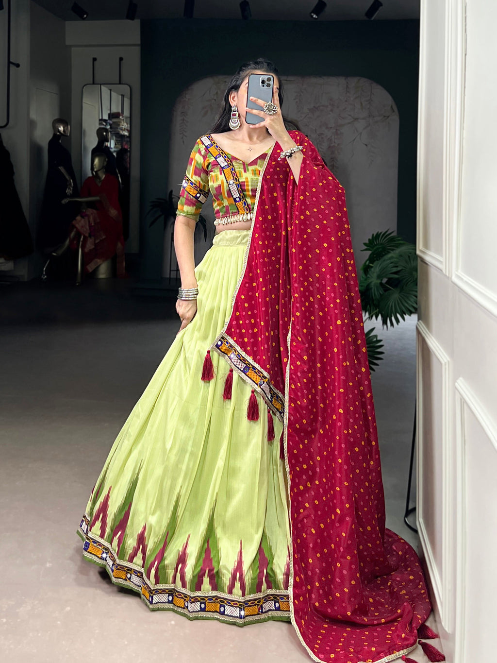 Lorenvalley Fashion Parotgreen Tasar Silk Print with Foil Work and Real Mirror Gamthi Work with Lace Touch Up Lehenga Choli with Dupatta - Distacart