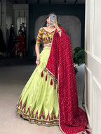 Lorenvalley Fashion Parotgreen Tasar Silk Print with Foil Work and Real Mirror Gamthi Work with Lace Touch Up Lehenga Choli with Dupatta - Distacart