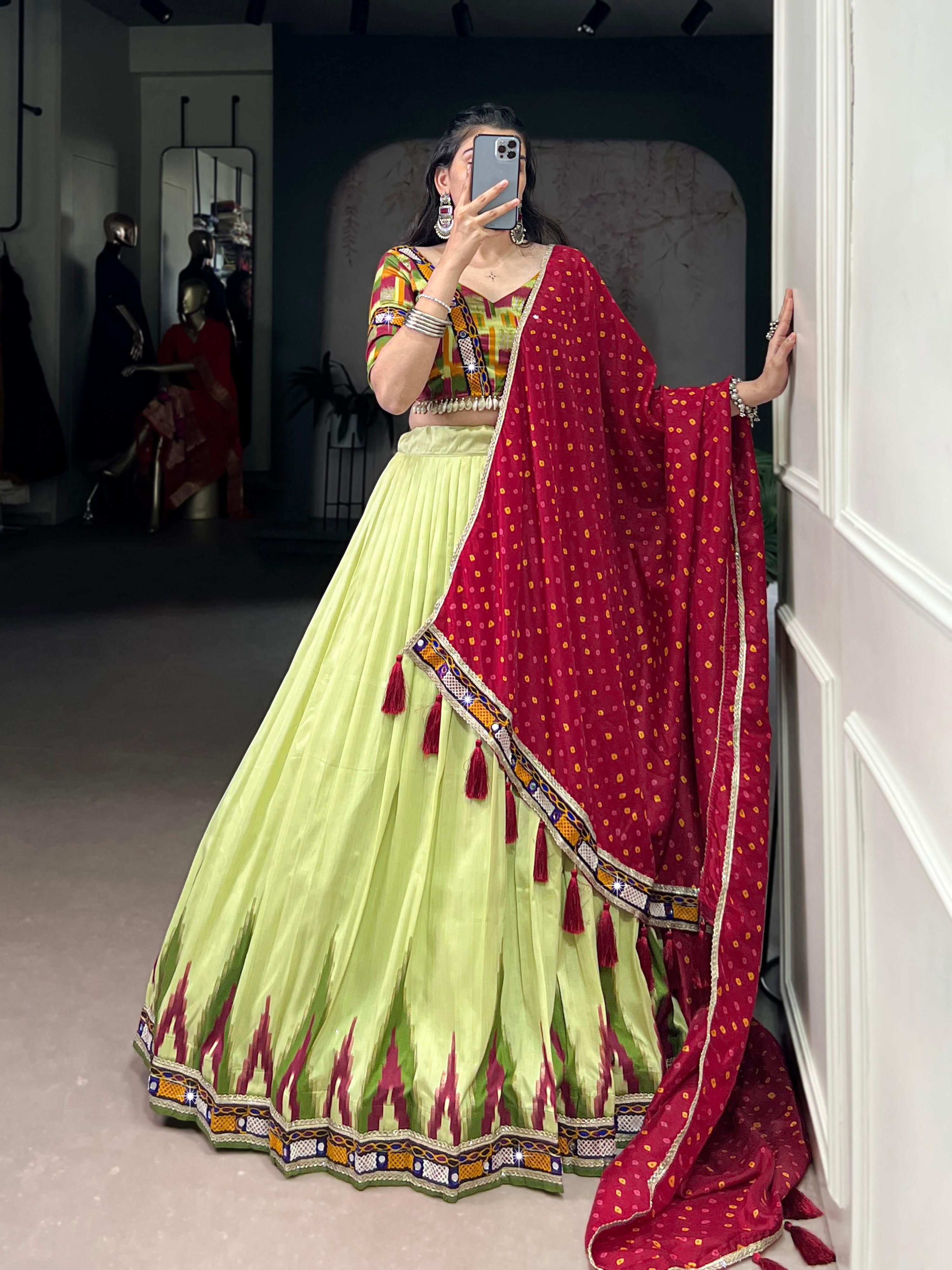 Lorenvalley Fashion Parotgreen Tasar Silk Print with Foil Work and Real Mirror Gamthi Work with Lace Touch Up Lehenga Choli with Dupatta - Distacart