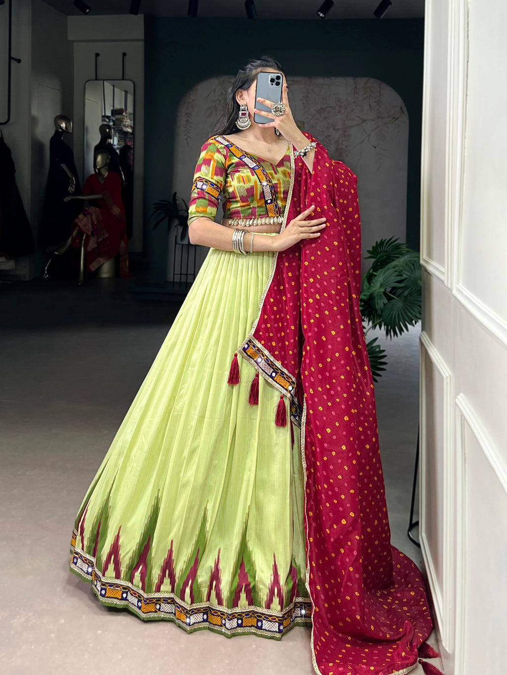 Lorenvalley Fashion Parotgreen Tasar Silk Print with Foil Work and Real Mirror Gamthi Work with Lace Touch Up Lehenga Choli with Dupatta - Distacart