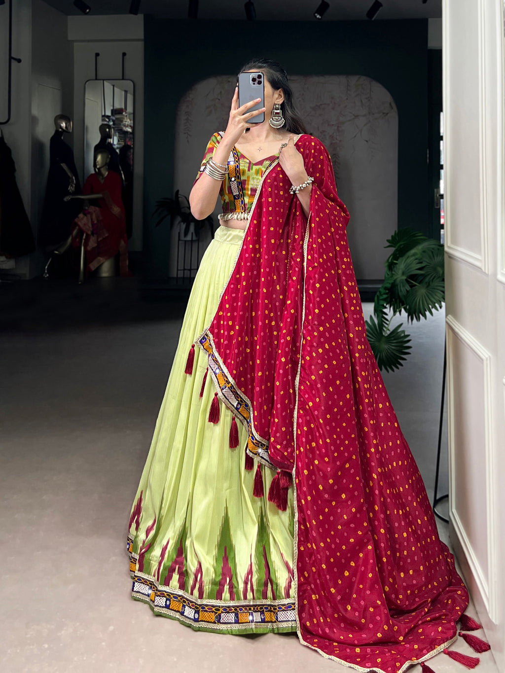 Lorenvalley Fashion Parotgreen Tasar Silk Print with Foil Work and Real Mirror Gamthi Work with Lace Touch Up Lehenga Choli with Dupatta - Distacart