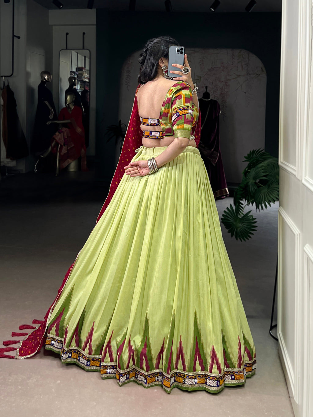 Lorenvalley Fashion Parotgreen Tasar Silk Print with Foil Work and Real Mirror Gamthi Work with Lace Touch Up Lehenga Choli with Dupatta - Distacart