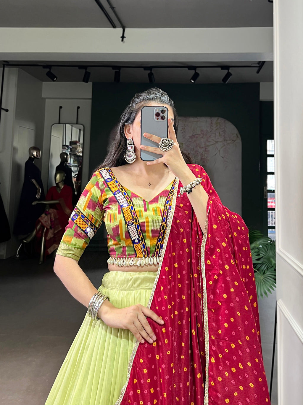 Lorenvalley Fashion Parotgreen Tasar Silk Print with Foil Work and Real Mirror Gamthi Work with Lace Touch Up Lehenga Choli with Dupatta - Distacart