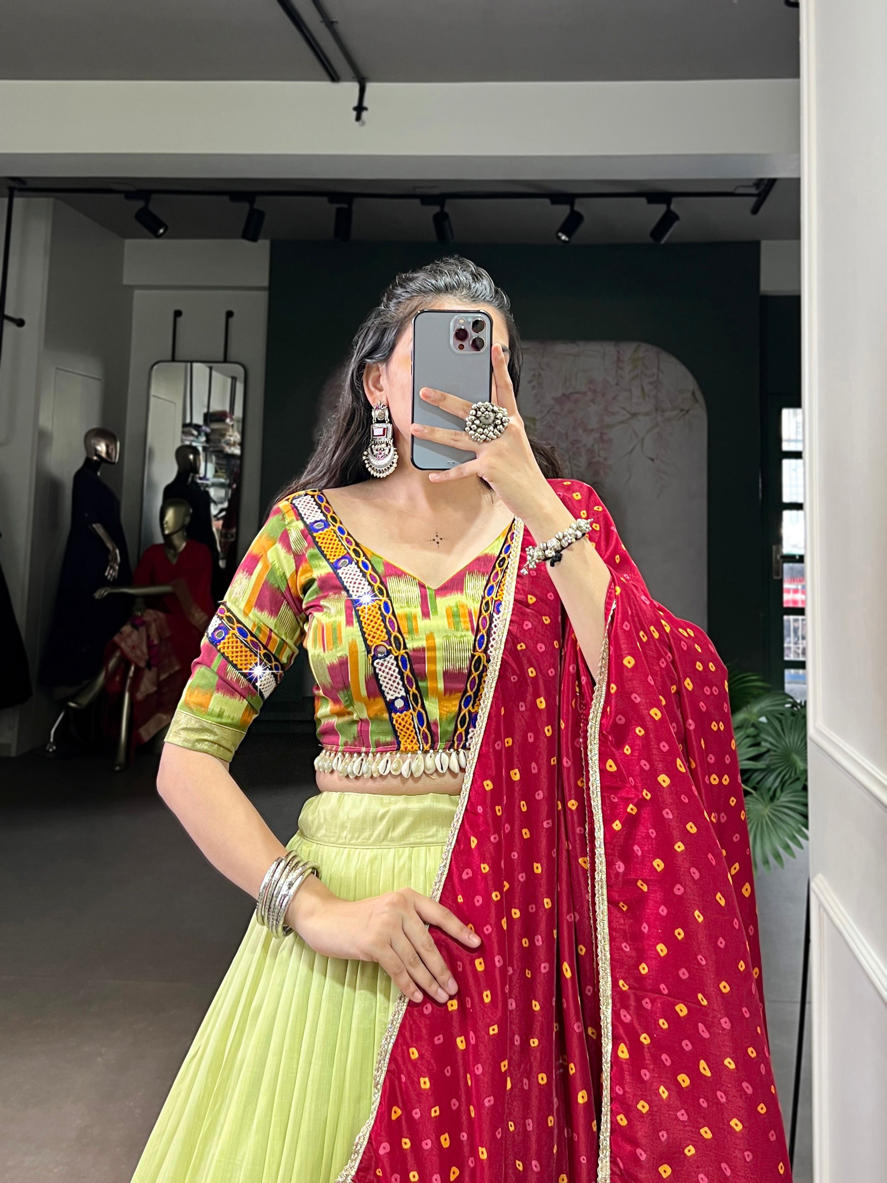 Lorenvalley Fashion Parotgreen Tasar Silk Print with Foil Work and Real Mirror Gamthi Work with Lace Touch Up Lehenga Choli with Dupatta - Distacart