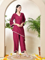 Myshka Women's Wine colour Co-ord set with Lace