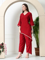 Myshka Women's Red colour Co-ord set with Lace