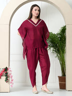 Myshka Women's Wine colour Co-ord set with Lace