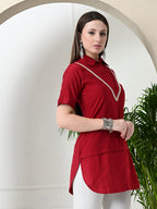 Myshka Women's Solid A-Line Collared Neck Casual Tunic In Red Colour