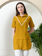 Myshka Women's Solid A-Line Collared Neck Casual Tunic In Mustard Colour