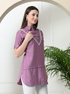 Myshka Women's Solid A-Line Collared Neck Casual Tunic In Lavender Colour