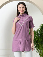 Myshka Women's Solid A-Line Collared Neck Casual Tunic In Lavender Colour