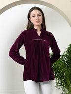 Myshka Women's Velvet A-Line Collared Neck Party Tunic In Wine Colour