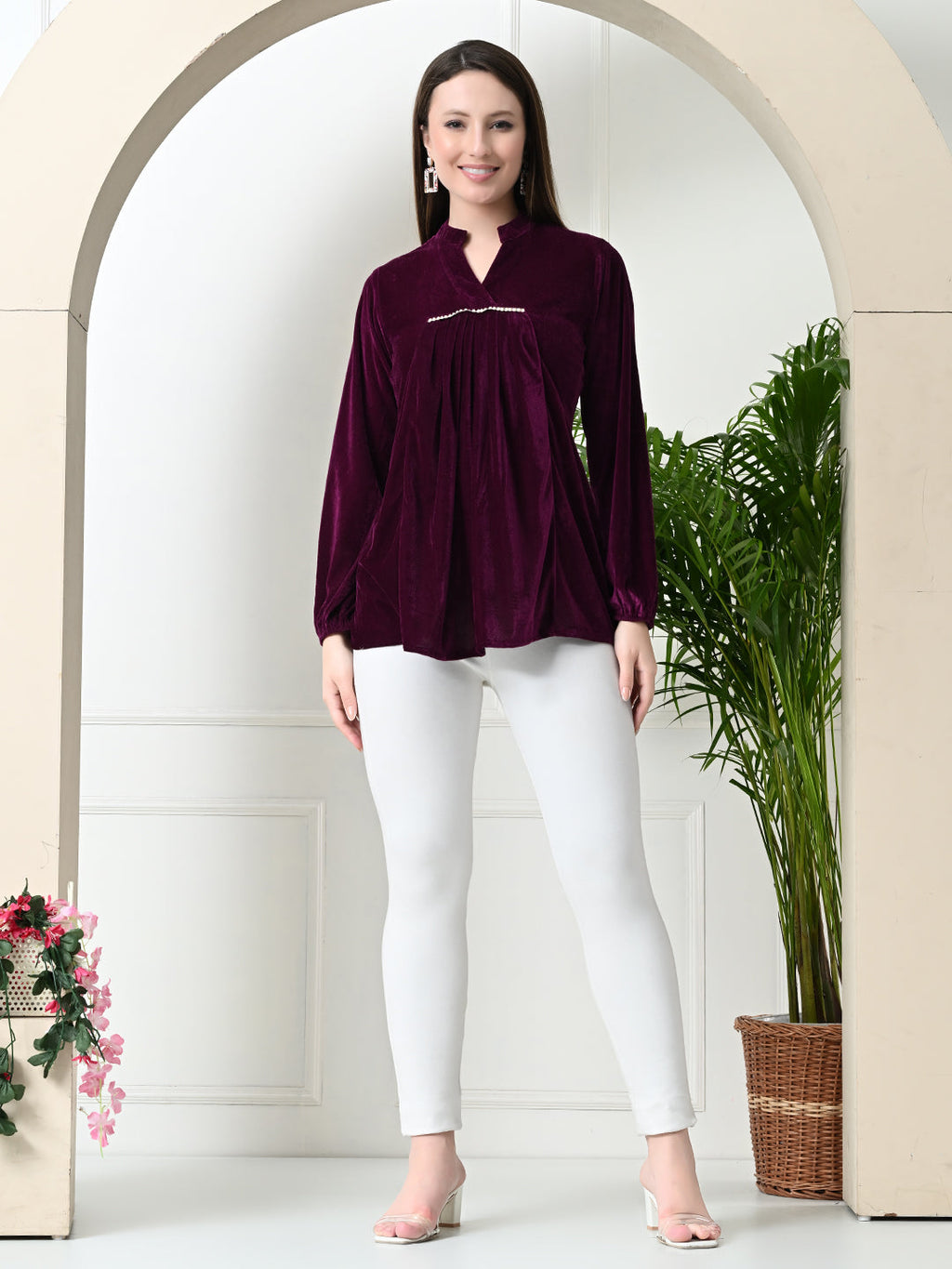 Myshka Women's Velvet A-Line Collared Neck Party Tunic In Wine Colour