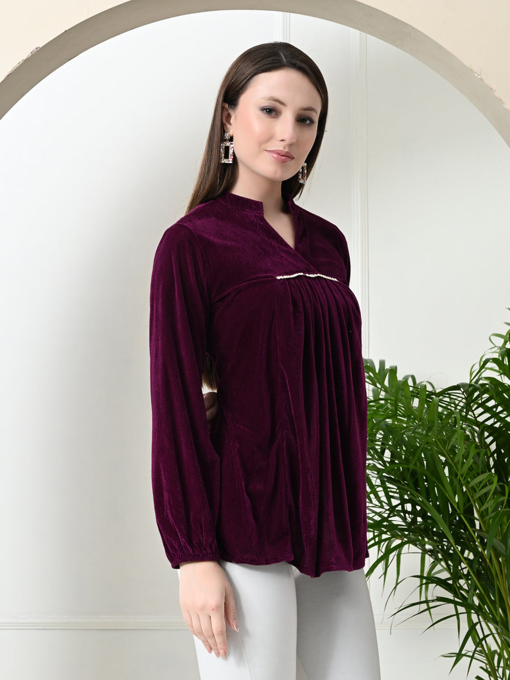 Myshka Women's Velvet A-Line Collared Neck Party Tunic In Wine Colour