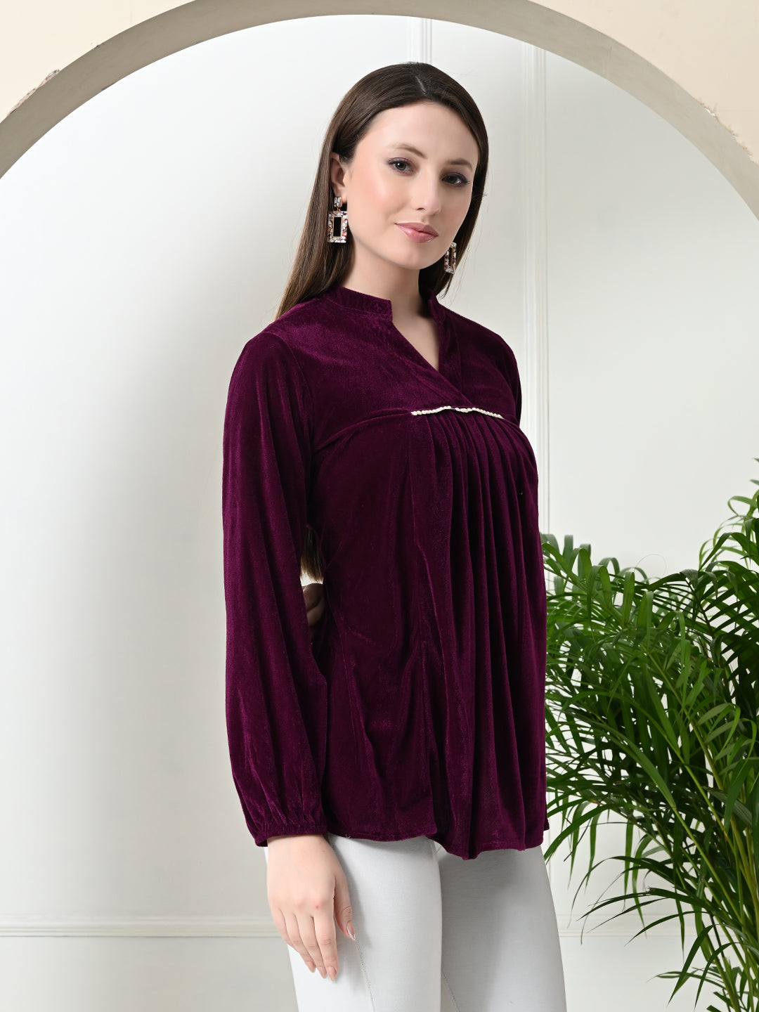 Myshka Women's Velvet A-Line Collared Neck Party Tunic In Wine Colour