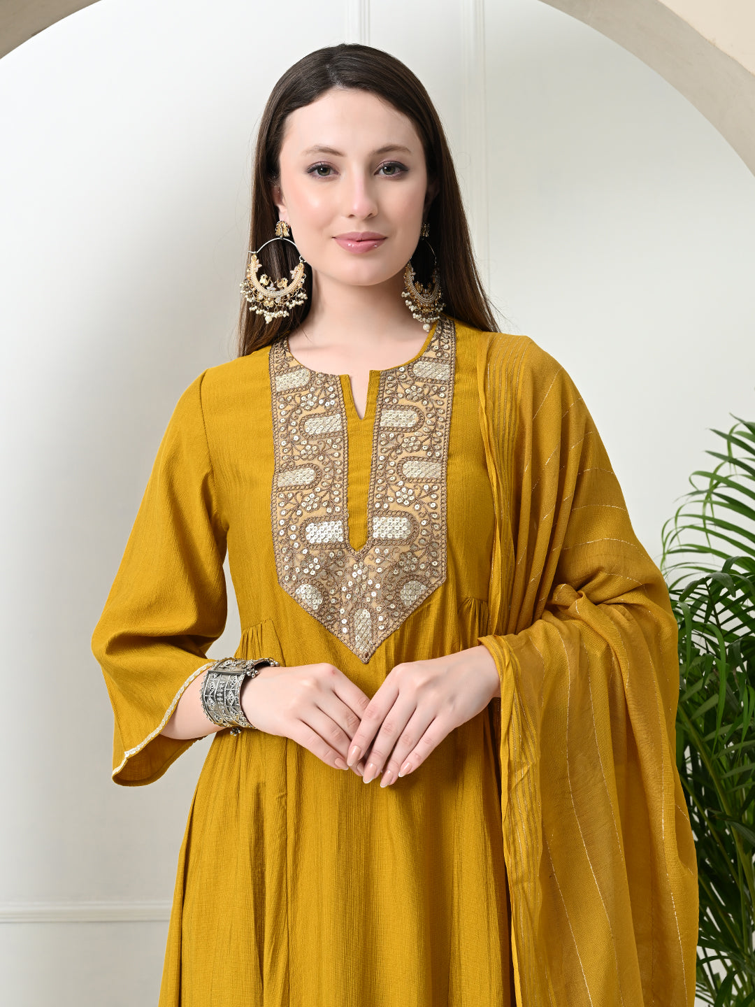 Myshka Women's Embroidered Keyhole Neck Bell Sleeves Kurta & Palazzos With Dupatta Sets in Musterd Colour