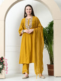 Myshka Women's Embroidered Keyhole Neck Bell Sleeves Kurta & Palazzos With Dupatta Sets in Musterd Colour