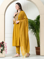 Myshka Women's Embroidered Keyhole Neck Bell Sleeves Kurta & Palazzos With Dupatta Sets in Musterd Colour