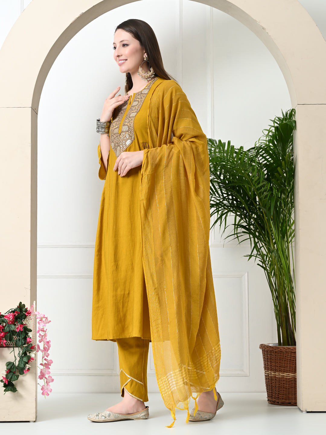 Myshka Women's Embroidered Keyhole Neck Bell Sleeves Kurta & Palazzos With Dupatta Sets in Musterd Colour