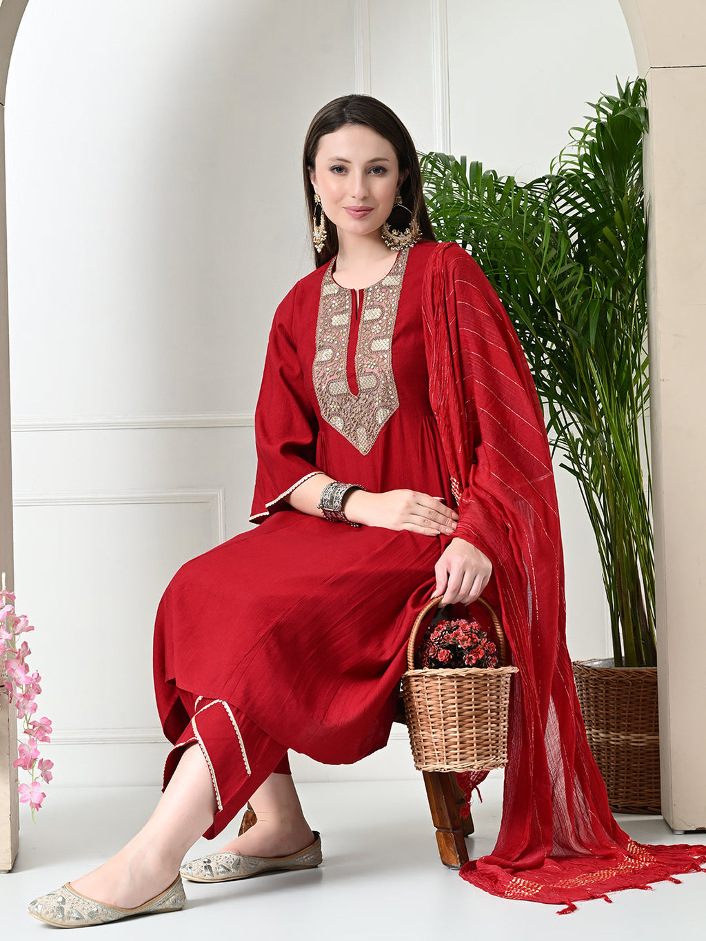 Myshka Women's Embroidered Keyhole Neck Bell Sleeves Kurta & Palazzos With Dupatta Sets in Red Colour